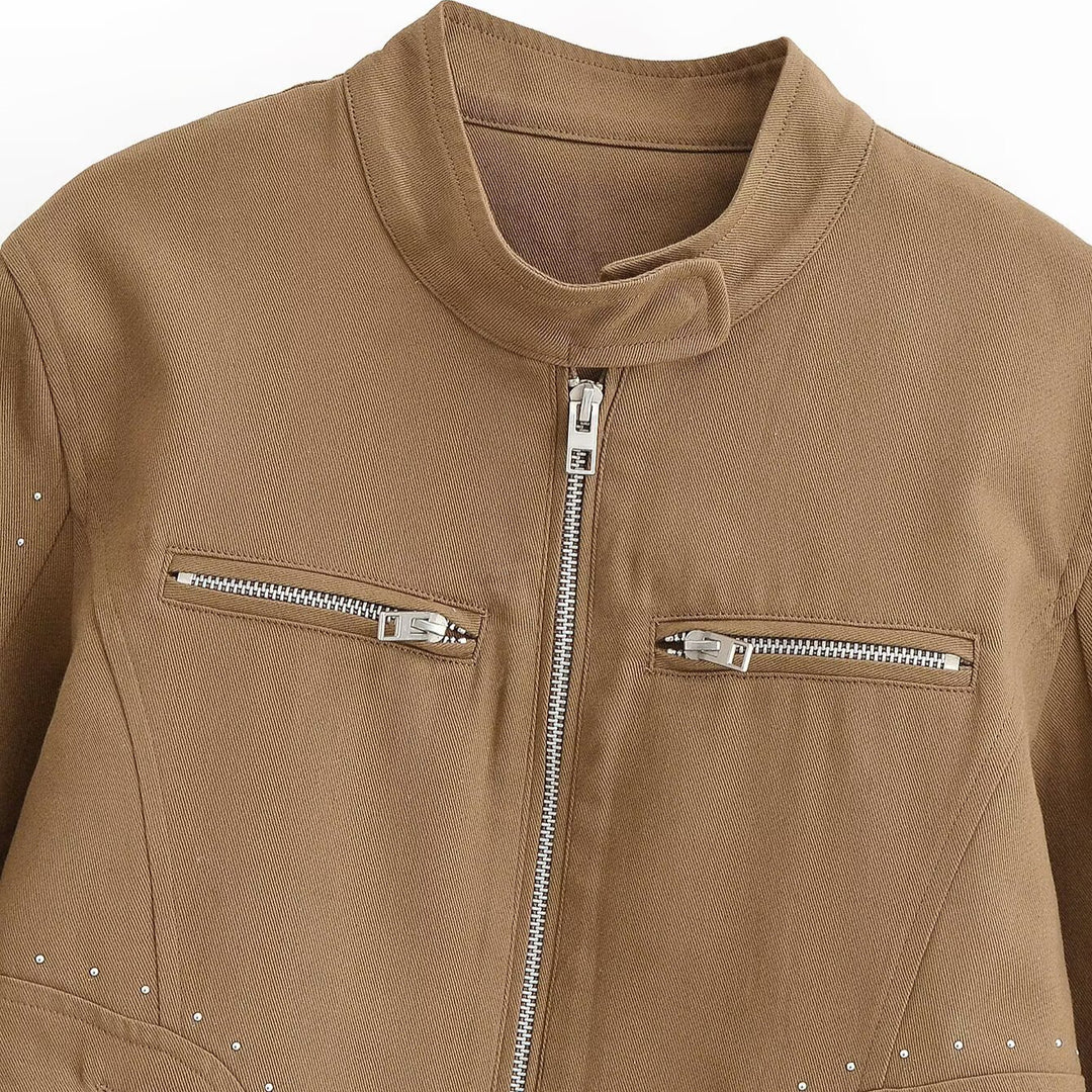 Women Short Velvet Look Jacket with Stand-Up Collar, Decorative Seams, Stud Application and Zip Pockets Mune Fashion
