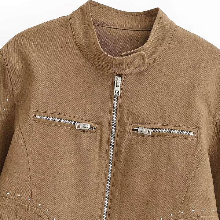 Women Short Velvet Look Jacket with Stand-Up Collar, Decorative Seams, Stud Application and Zip Pockets Mune Fashion