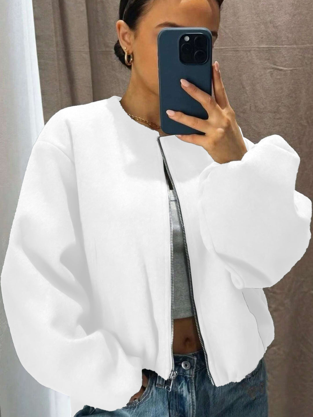 Women's Oversized Bomber Jacket with Zipper and Volume Sleeves Drune