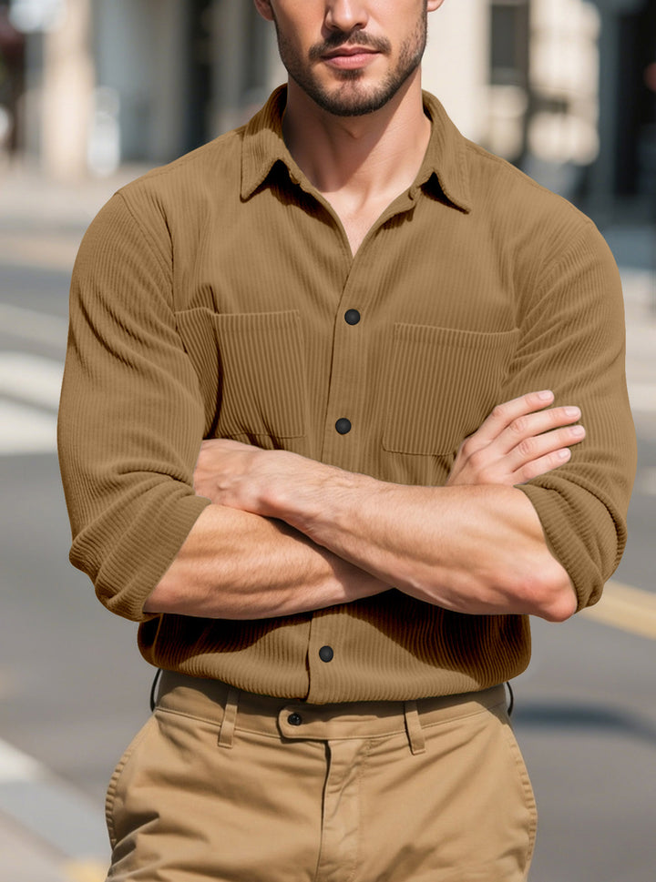 Men's textured casual overshirt with fine vertical ribbing, kent collar and patch chest pockets Mune Fashion