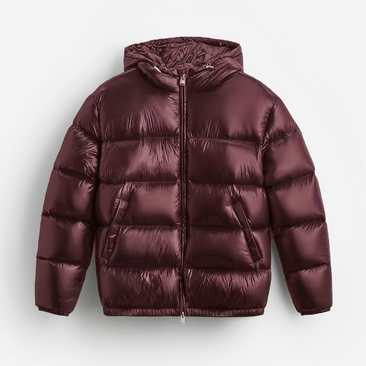 Men's quilted hooded jacket with glossy surface, warm synthetic filling and two-way zipper Mune Fashion