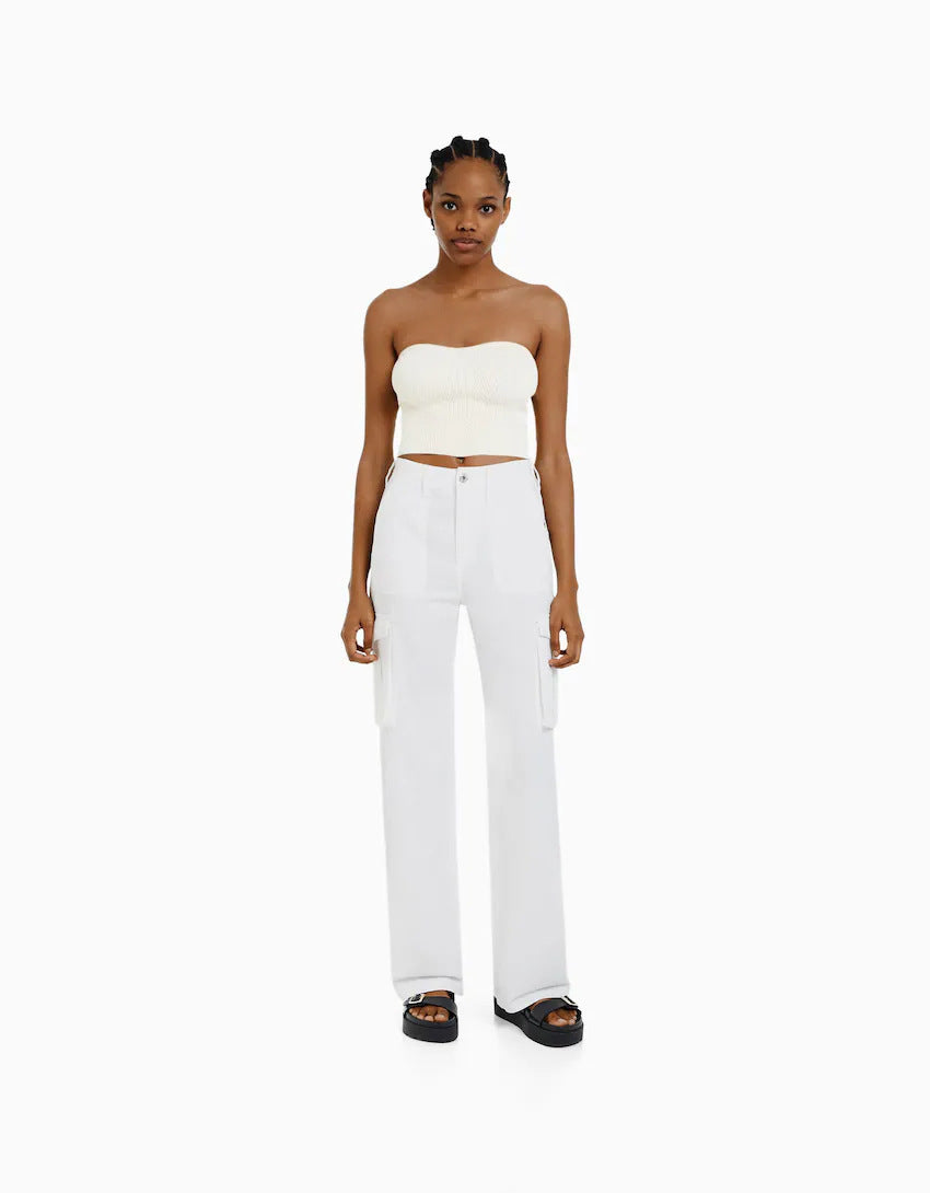 Women's wide High-Waist Cargo Pants with applied flap pockets and straight leg Mune Fashion