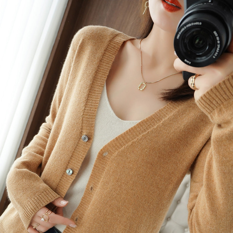 Ladies Light V-Neck Cardigan made of Cashmere Mix with Fine Rib Edge Mune Fashion