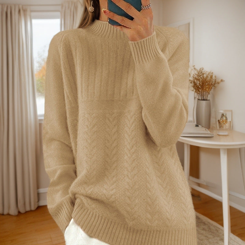 Women's cozy chunky knit round neck sweater with cable pattern and ribbed cuffs Mune Fashion