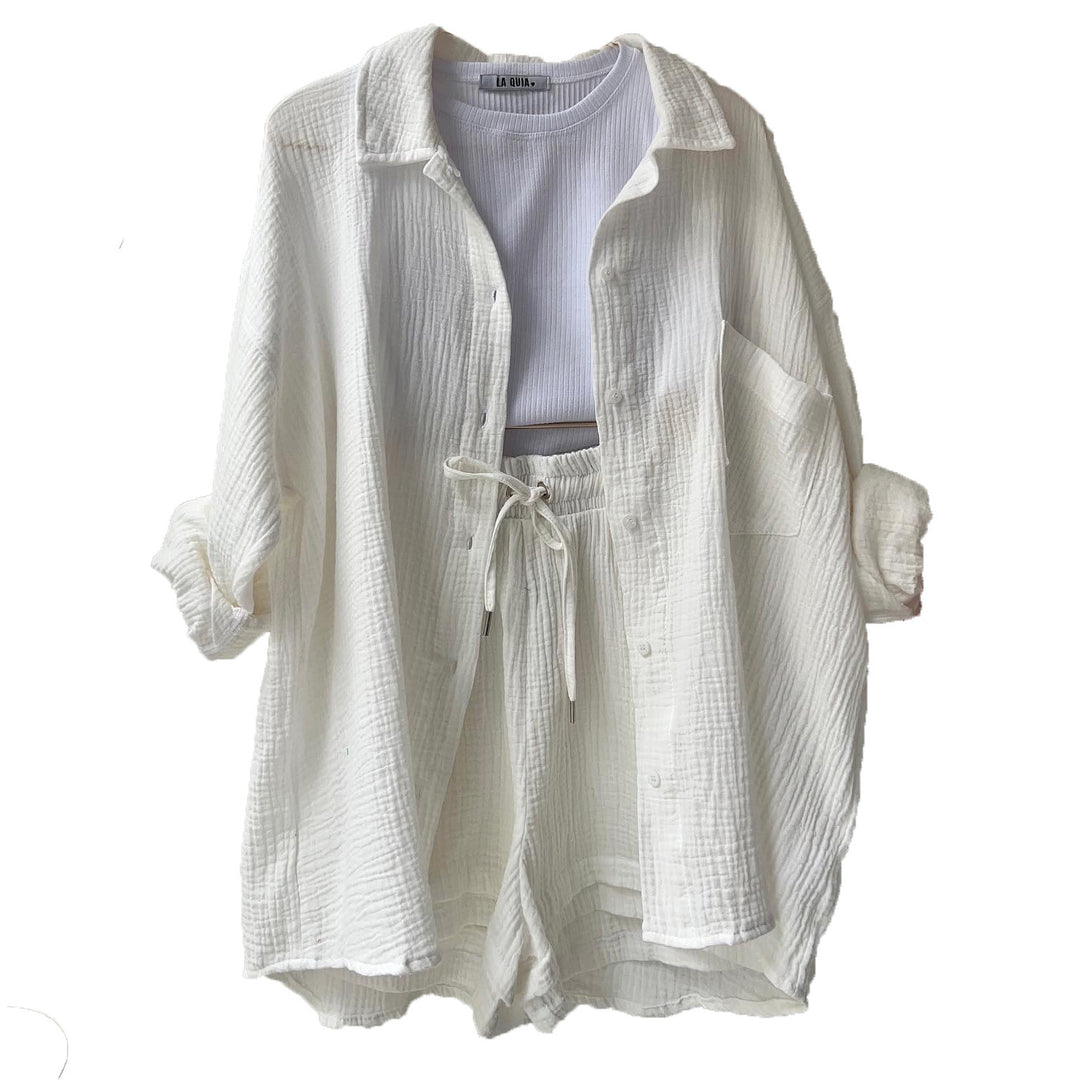 Women's casual oversized shirt and shorts set with chest pocket, drawstring, and brushed cotton texture Mune Fashion