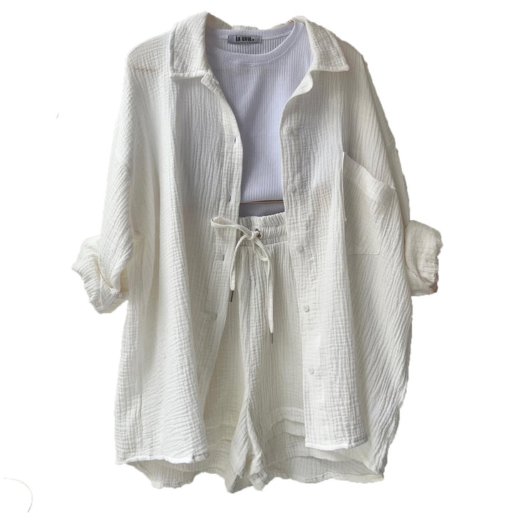 Women's casual oversized shirt and shorts set with chest pocket, drawstring, and brushed cotton texture Mune Fashion