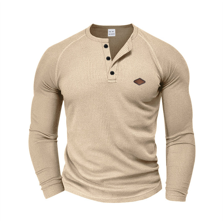 Men's structured waffle Henley shirt with short button placket, raglan sleeves, and leather patch Mune Fashion