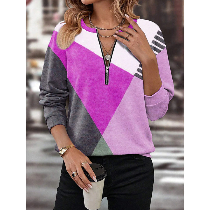 Women's leisure sweatshirt with half zipper and geometric color block pattern Mune Fashion