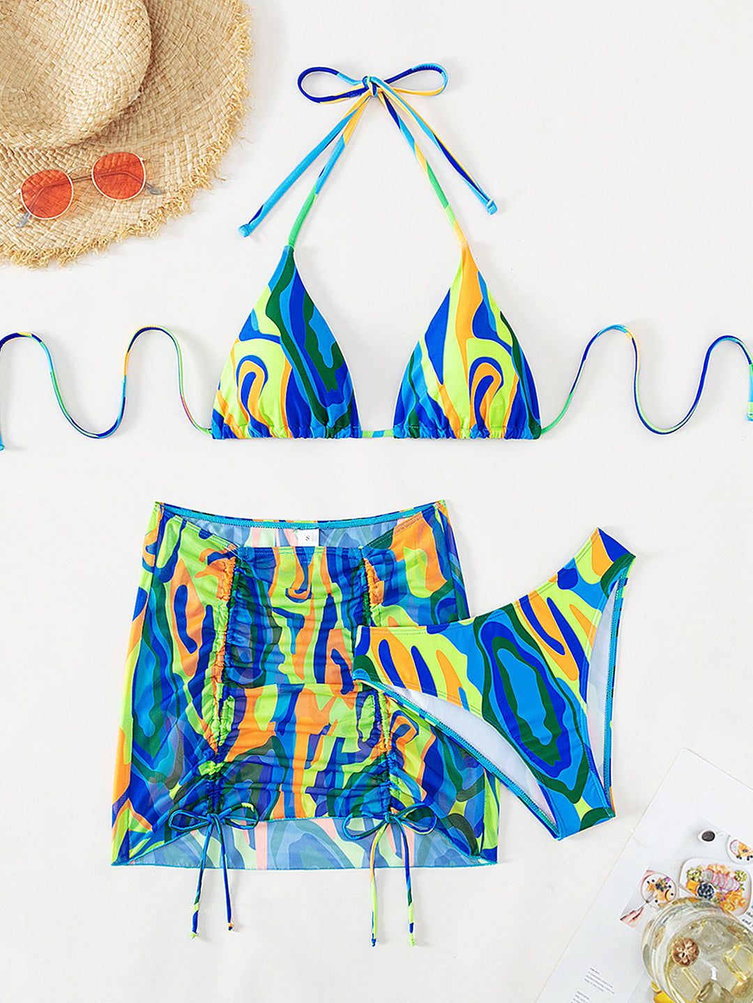 Ladies Colorful Triangle Bikini Set with Transparent Skirt Mune Fashion