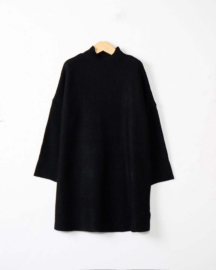 Women Oversize Knit Tunic with Short Stand-up Collar and Dropped Shoulder Mune Fashion