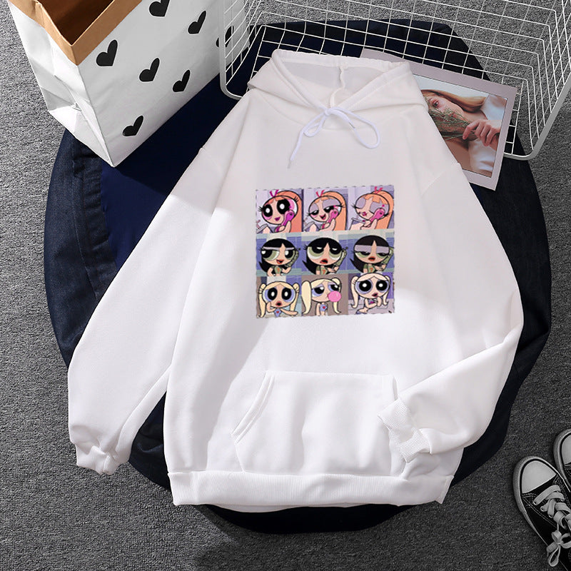 Women's casual hoodie with square cartoon collage print, soft fleece lining, and kangaroo pocket Mune Fashion