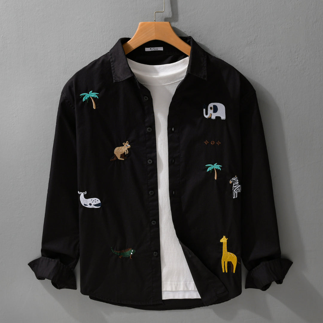 Women's Loose Cotton Shirt with Hand-Embroidered Safari Motifs Mune Fashion