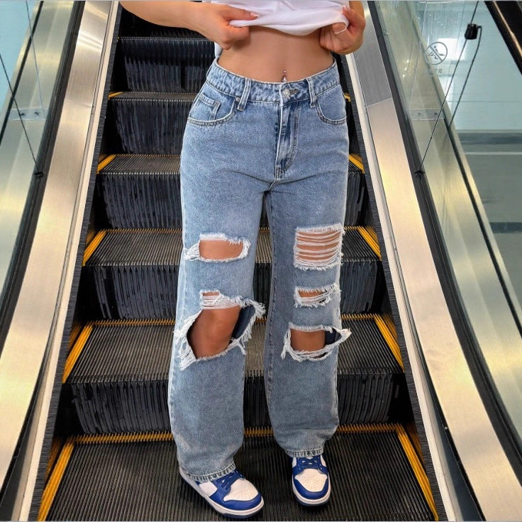 Women's High-Waist Baggy Jeans with large knee rips and straight leg Mune Fashion