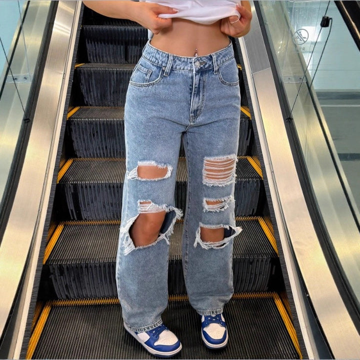 Women's High-Waist Baggy Jeans with large knee rips and straight leg Mune Fashion