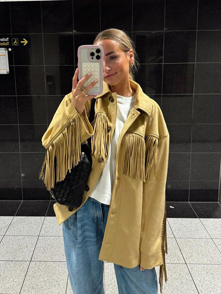 Women’s Oversize Fringe Jacket in Western Style made of Suede-Look with Shirt Collar Mune Fashion