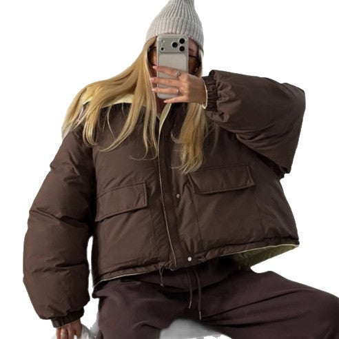 Women's Short Oversized Padded Jacket with High Collar and Quilted Lining Mune Fashion