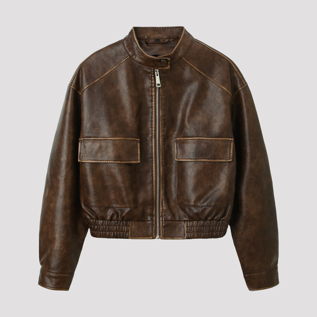 Men's Vintage Leather Bomber Jacket with Stand Collar, Flap Pockets and Elastic Waist Mune Fashion