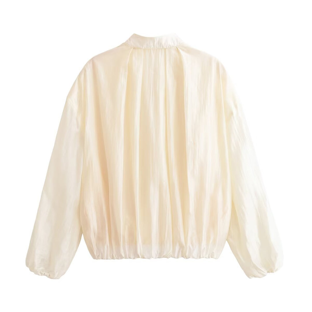 Women's Lightweight Transparent Cropped Bomber Jacket made of Silky Shiny Material with Zipper Mune Fashion