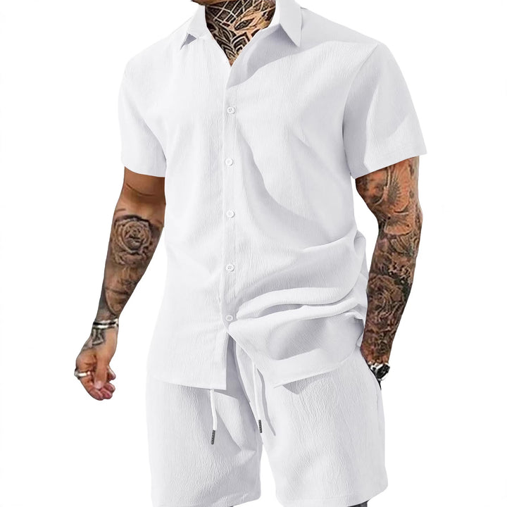 Men's Crinkle Lounge Set with Open Lapel Shirt, Integrated Short Sleeve T-Shirt, and Drawstring Bermuda Mune Fashion