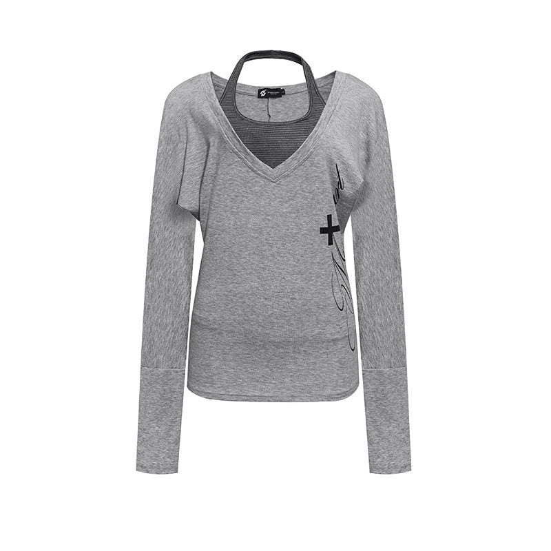 Women's layer long-sleeve shirt with deep V-neck, halter inner layer and side script print Mune Fashion