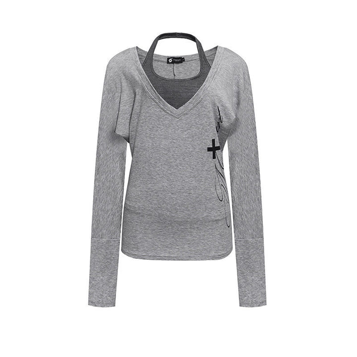 Women's layer long-sleeve shirt with deep V-neck, halter inner layer and side script print Mune Fashion