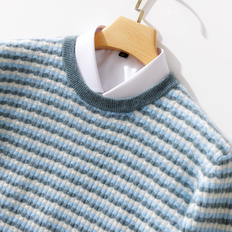 Men's fine-structured striped round neck pullover made of wool blend with ribbed cuffs Mune Fashion