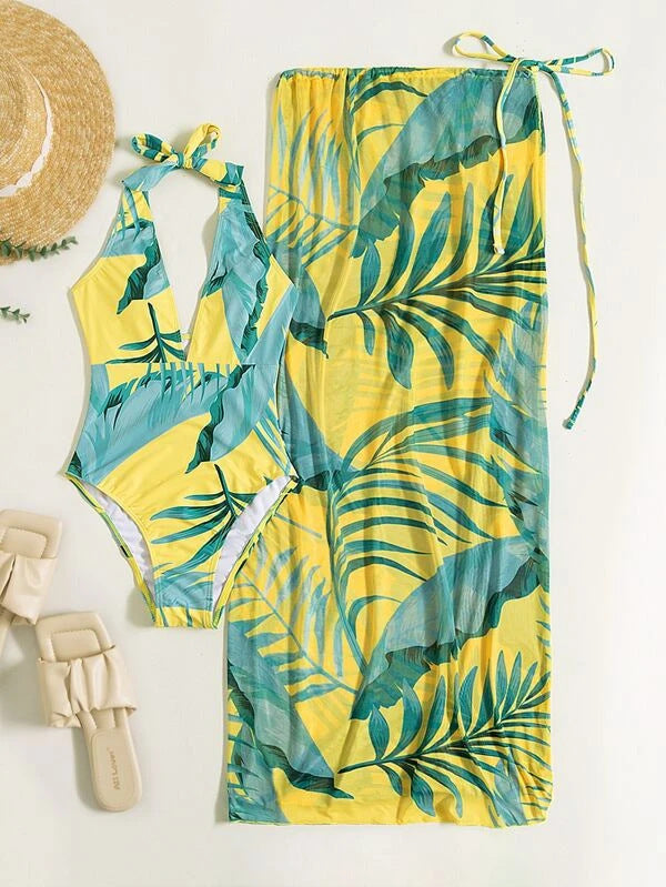 Women's set with a one-piece swimsuit featuring floral design and matching sarong Mune Fashion