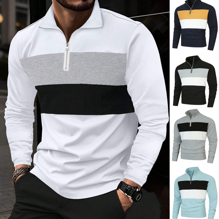 Men's half-zip pullover with stand-up collar, wide block stripe, and finely ribbed texture Mune Fashion