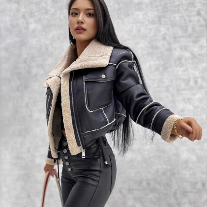 Women short-cut biker jacket with teddy lining and contrast seams Mune Fashion