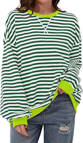 Women Casual Oversized Stripe Sweatshirt with Raglan Sleeves and Contrast Cuffs Drune