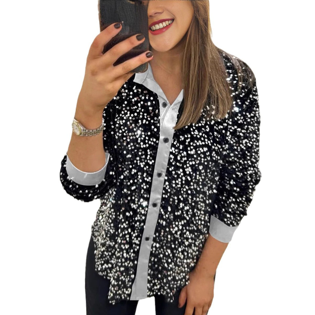 Women's shimmering sequin shirt blouse with collar, button placket, and elastic cuffs Mune Fashion