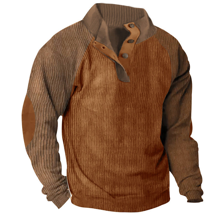 Men's Structured Raglan Henley Pullover with Stand Collar, Elbow Patches & Button Placket Mune Fashion