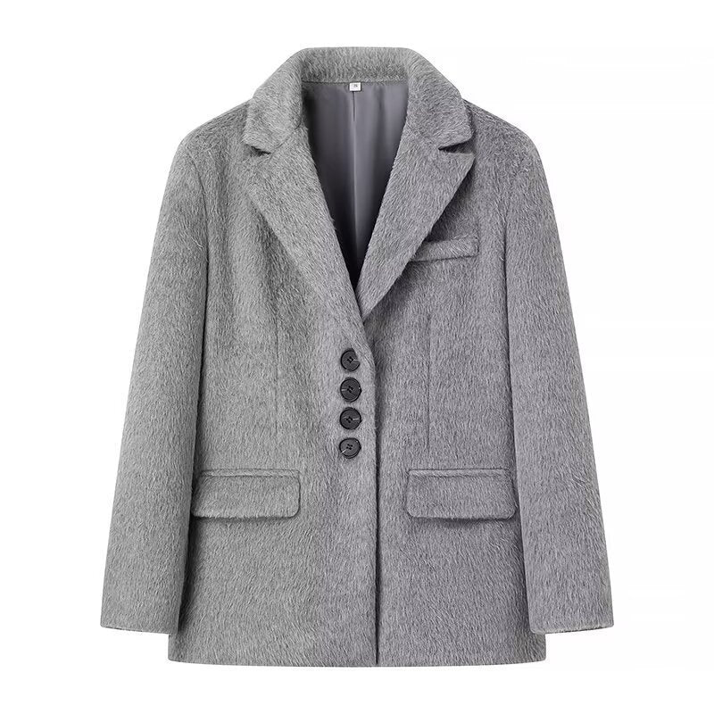 Ladies short blazer with textured faux fur look and lapel collar Mune Fashion