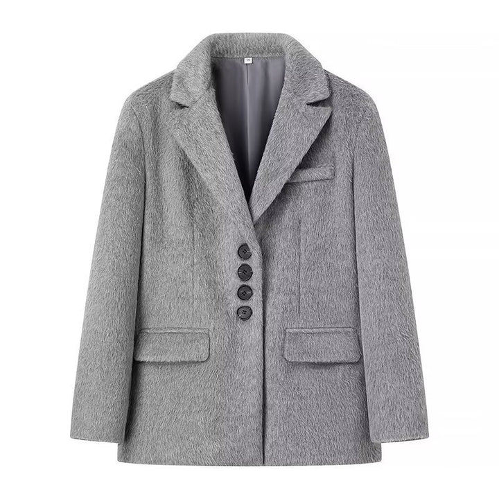 Ladies short blazer with textured faux fur look and lapel collar Mune Fashion