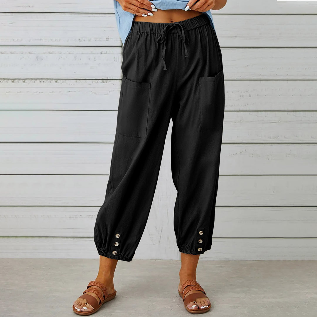 Women’s lightweight cotton-linen pants with drawstring, patch pockets and buttoned cuffs Mune Fashion