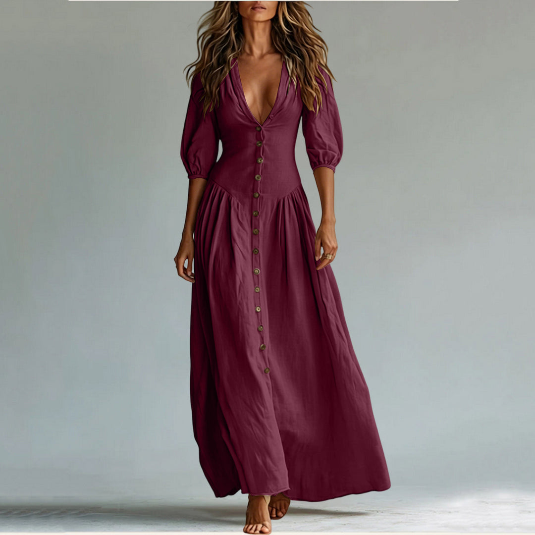 Ladies max dress with deep V-neck, button placket and balloon sleeves Mune Fashion
