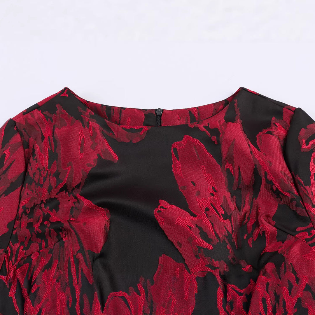 Women's festive A-line mini dress with jacquard structure, voluminous ruffle sleeves and decorative belt Mune Fashion