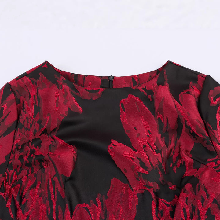 Women's festive A-line mini dress with jacquard structure, voluminous ruffle sleeves and decorative belt Mune Fashion