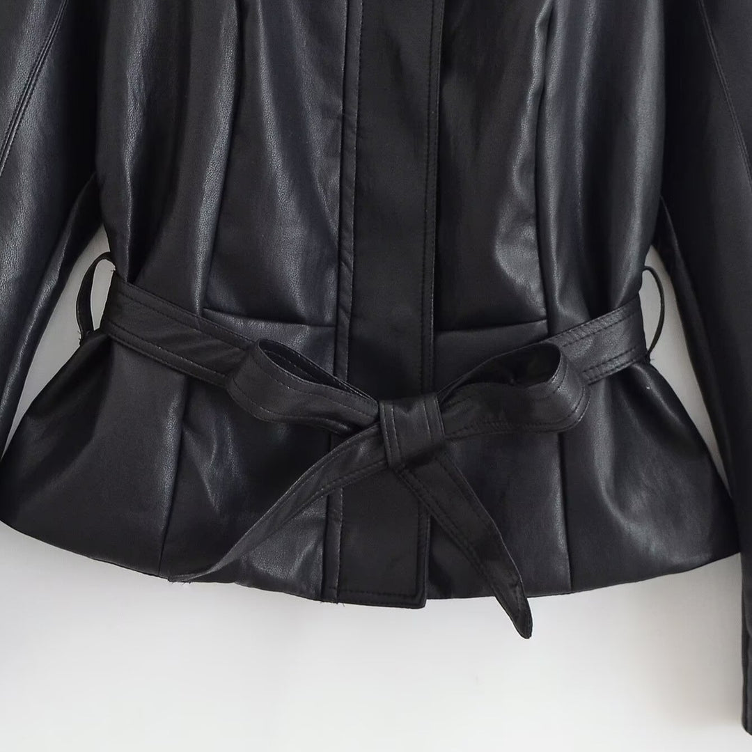 Women's Tailored Leather Look Jacket with Tie Belt and Balloon Sleeves Mune Fashion