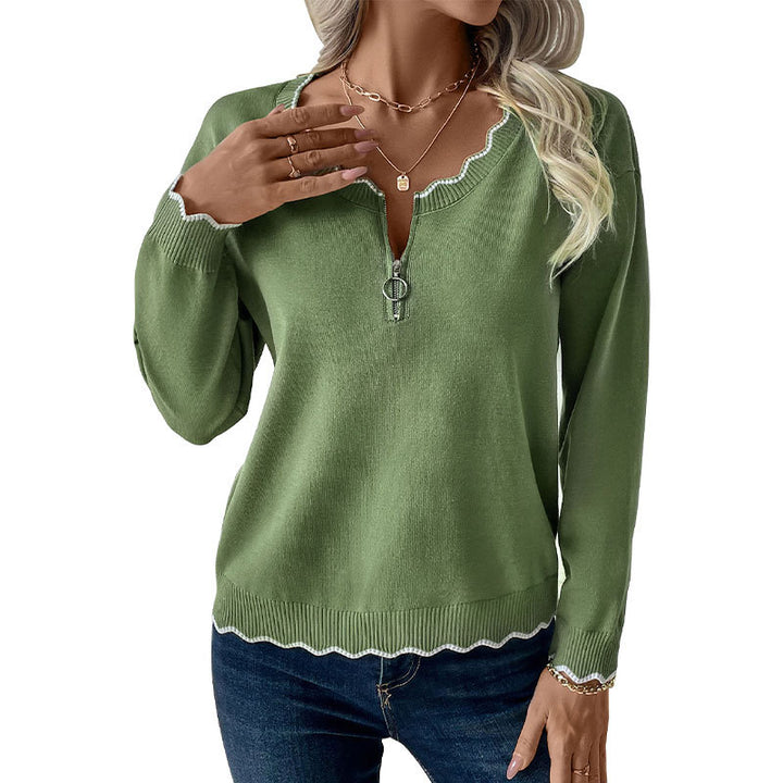 Women fine knit sweater with zip collar and waved contrast edge Mune Fashion