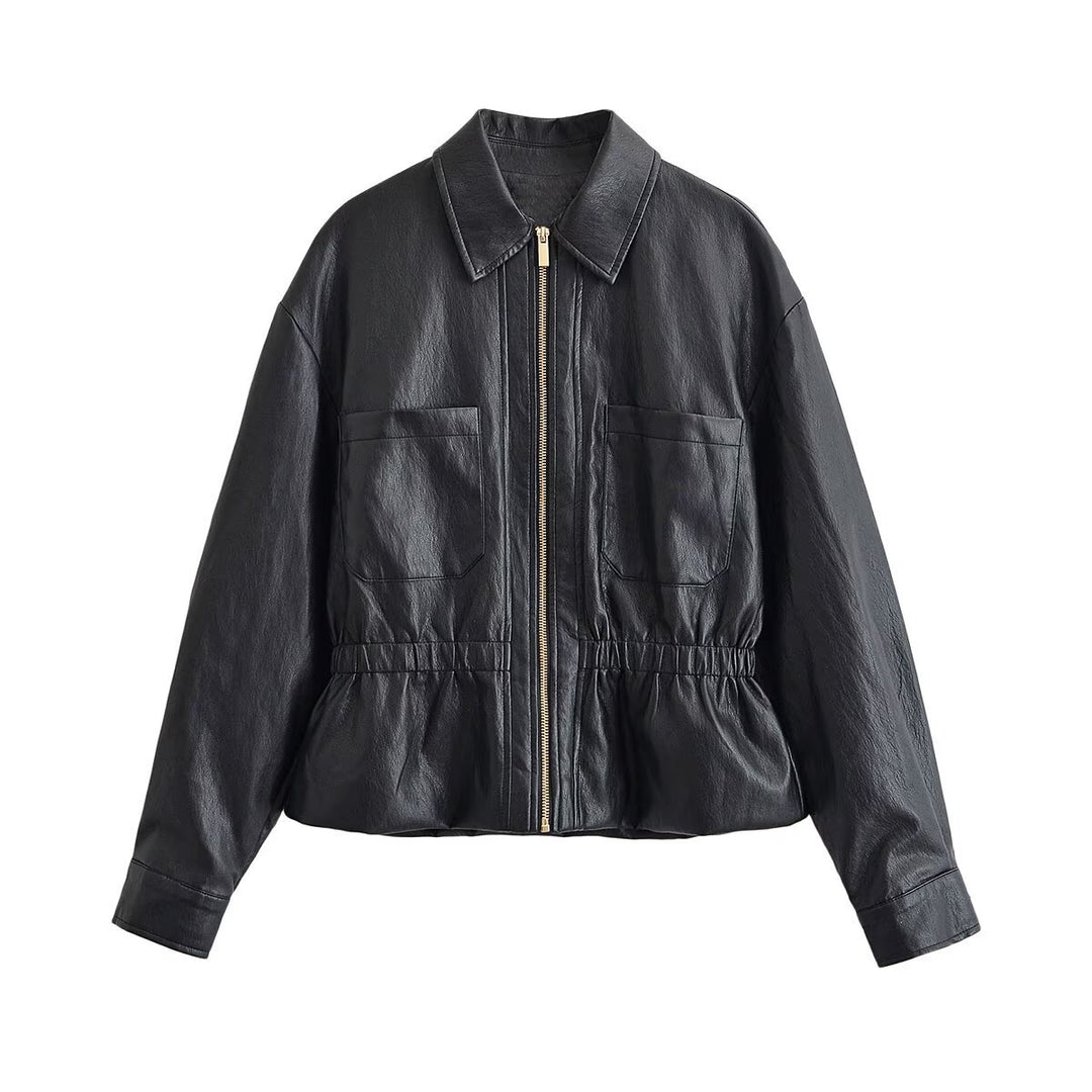 Women's Boxy Faux Leather Blouson with Elastic Waistband, Patch Chest Pockets and Visible Zipper Detail