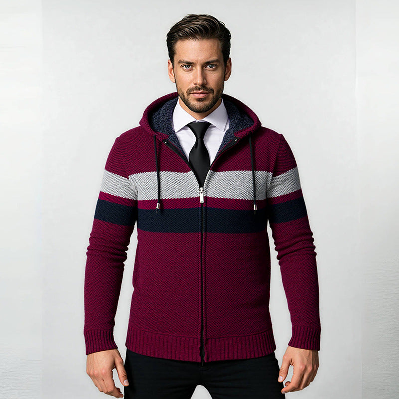 Men's Structured Hooded Cardigan with Contrast Stripes and Full Zip Mune Fashion