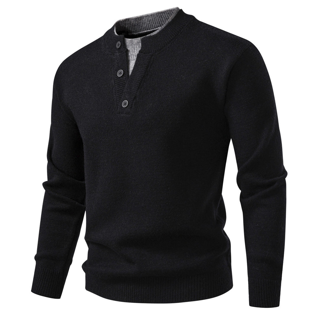 Men's fine-knit Henley pullover with short button placket and ribbed stand-up collar Mune Fashion