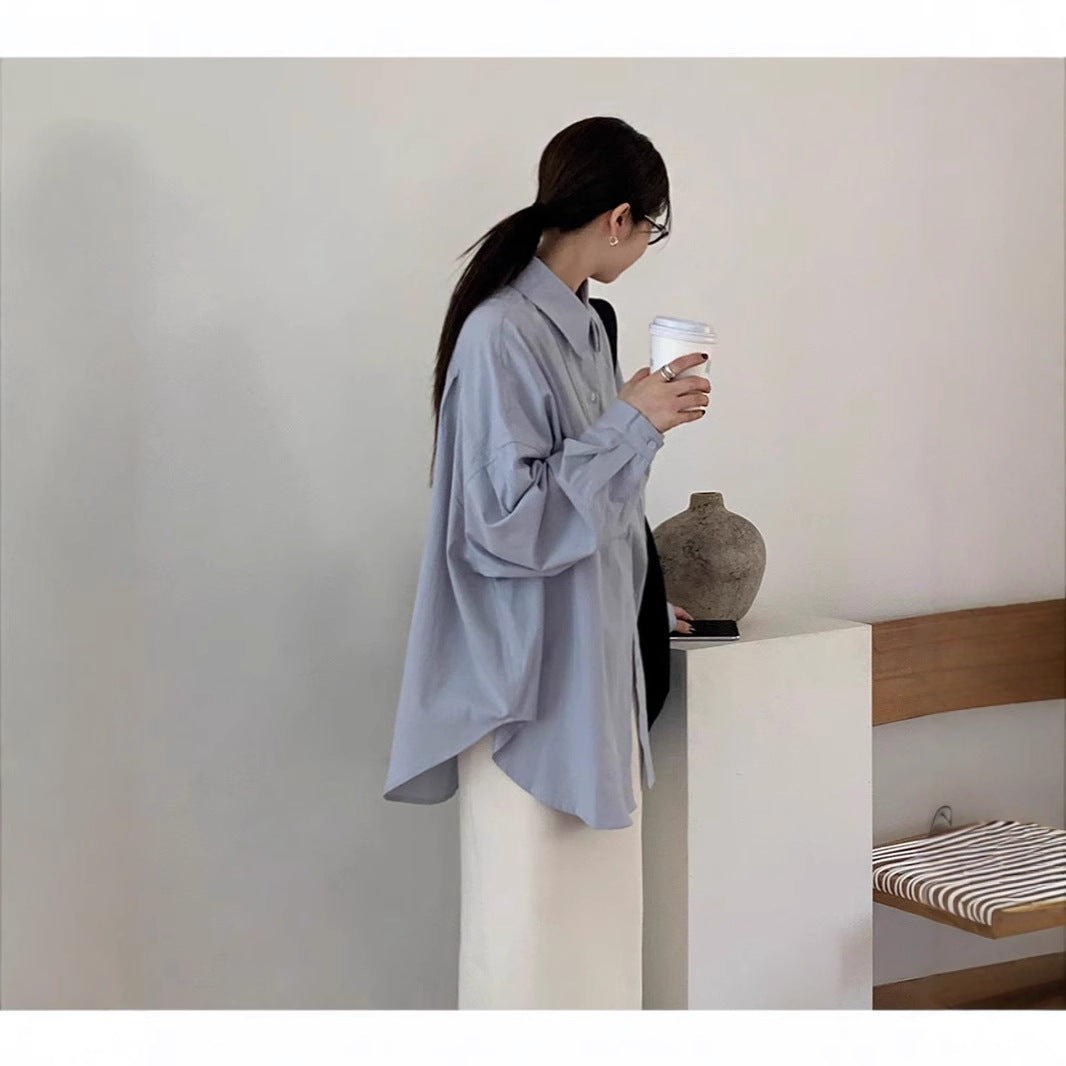 Women's Loose Oversize Shirt with Stand Collar, Extended Back and Drop Shoulders Mune Fashion