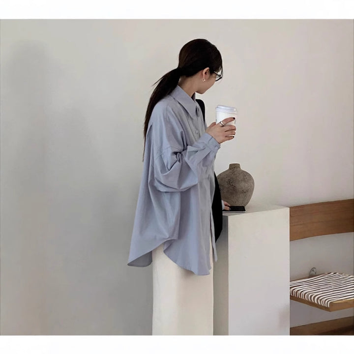 Women's Loose Oversize Shirt with Stand Collar, Extended Back and Drop Shoulders Mune Fashion