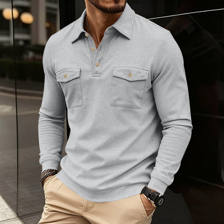 Men's fitted long sleeve polo shirt with shirt collar and applied breast pockets Mune Fashion