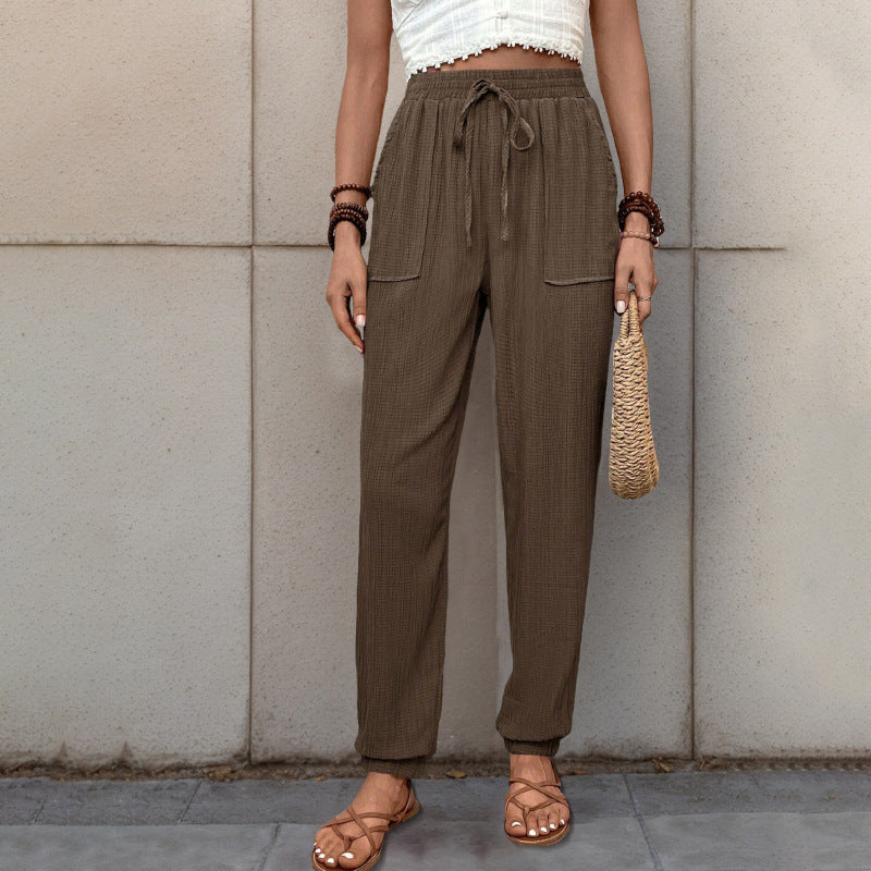 Women Loose Linen Look Jogger Pants with High Elastic Waistband, Drawstring, Patch Pockets & Elastic Cuffs Mune Fashion