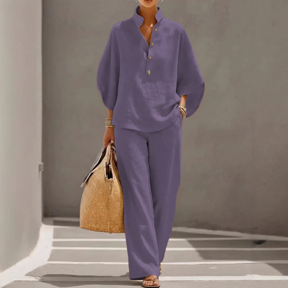 Women Lightweight Linen Loungewear Set with Stand-up Collar Button Placket and Wide Marlene Cut Mune Fashion
