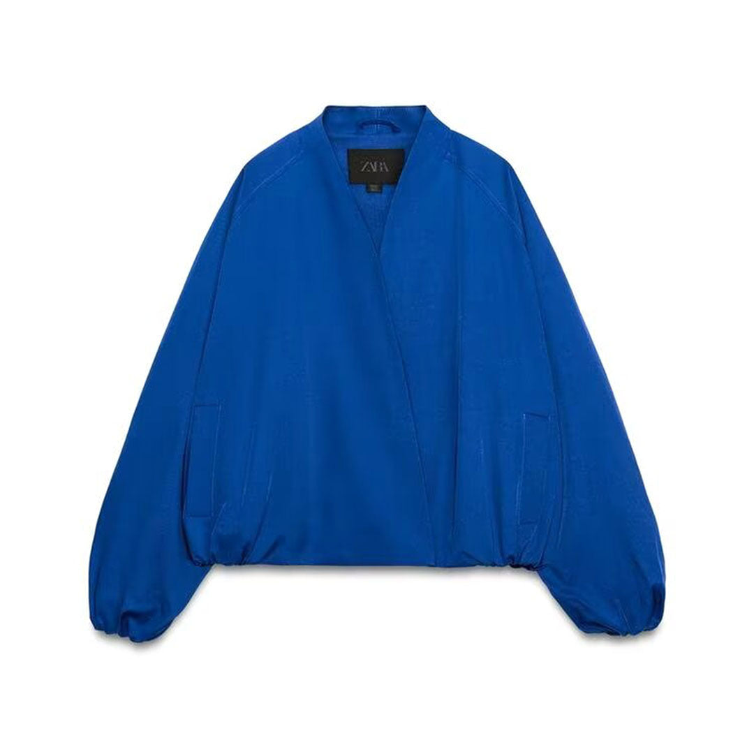 Women's bomber-style short jacket with kimono collar, balloon sleeves, and elastic hem Mune Fashion