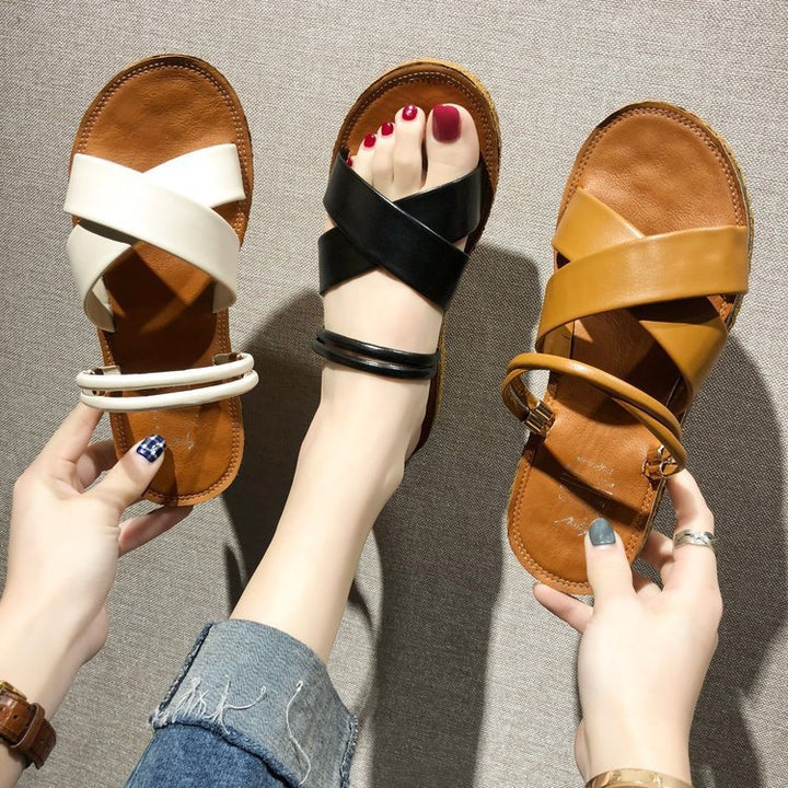 Ladies' flat sandals with crossed padded straps, triple elastic heel strap, and ergonomic cork sole Mune Fashion